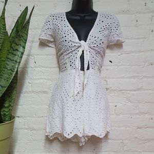 White Front Tie Eyelet Romper